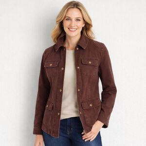 Talbots Brown Utility Military Jacket Women Petite Small Cotton Blend Plaid Line